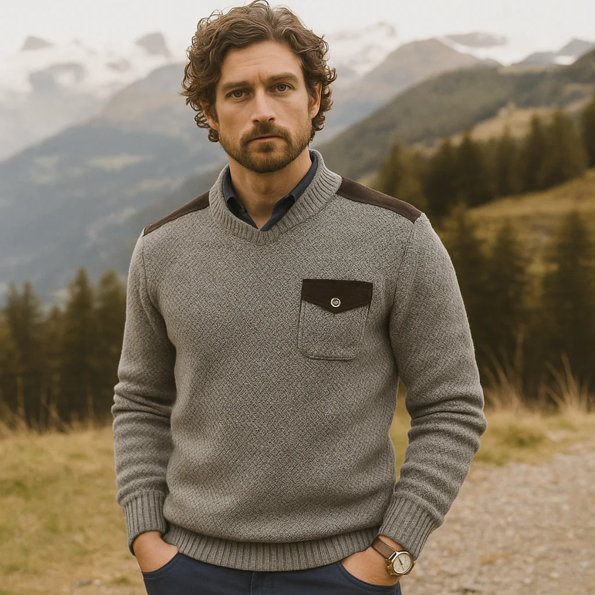 The Highland Men’s Luxury Grey Knit Autumn Winter Jumper – Suede Shoulder Detail