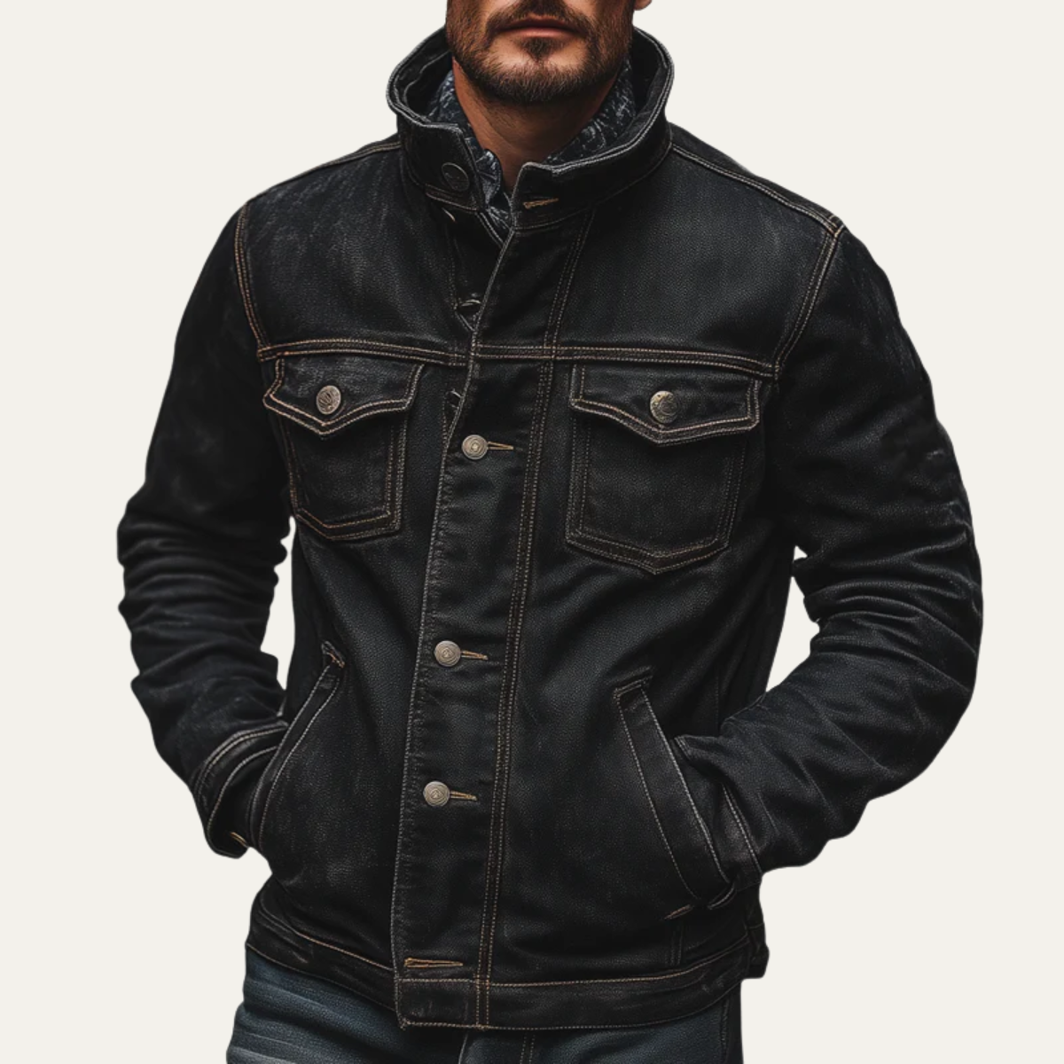 The Savoy Men’s Black Denim Jacket – Vintage Washed Multi Pocket Trucker