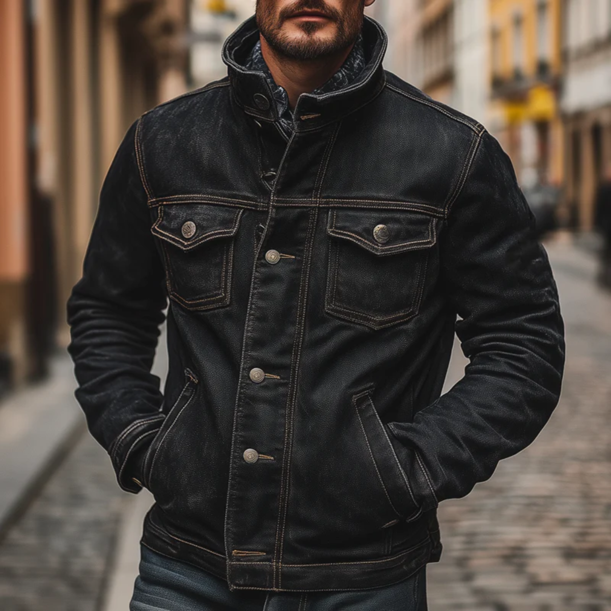 The Savoy Men’s Black Denim Jacket – Vintage Washed Multi Pocket Trucker