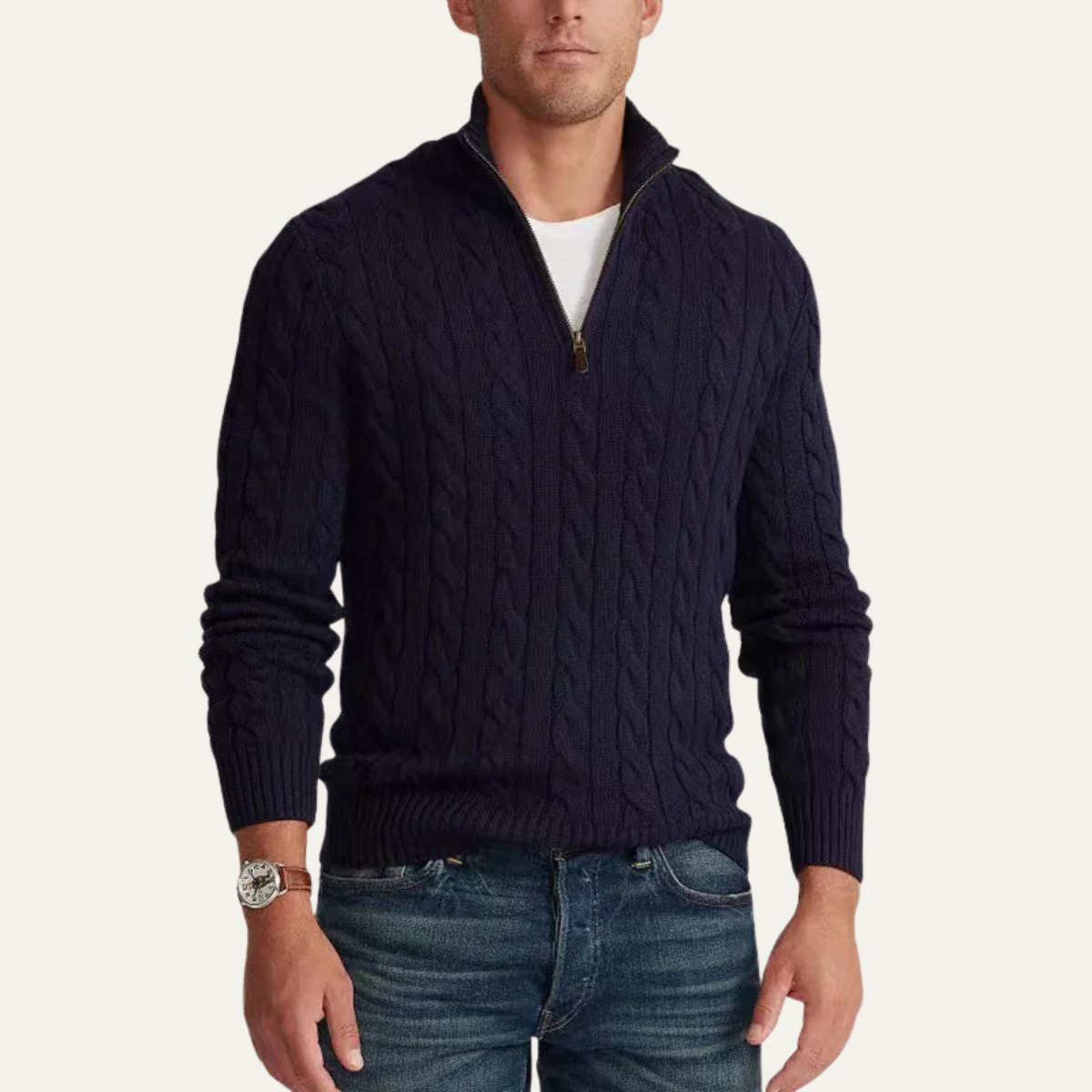 The Genova Men’s Cable Knit Half Zip Mock Neck Sweater