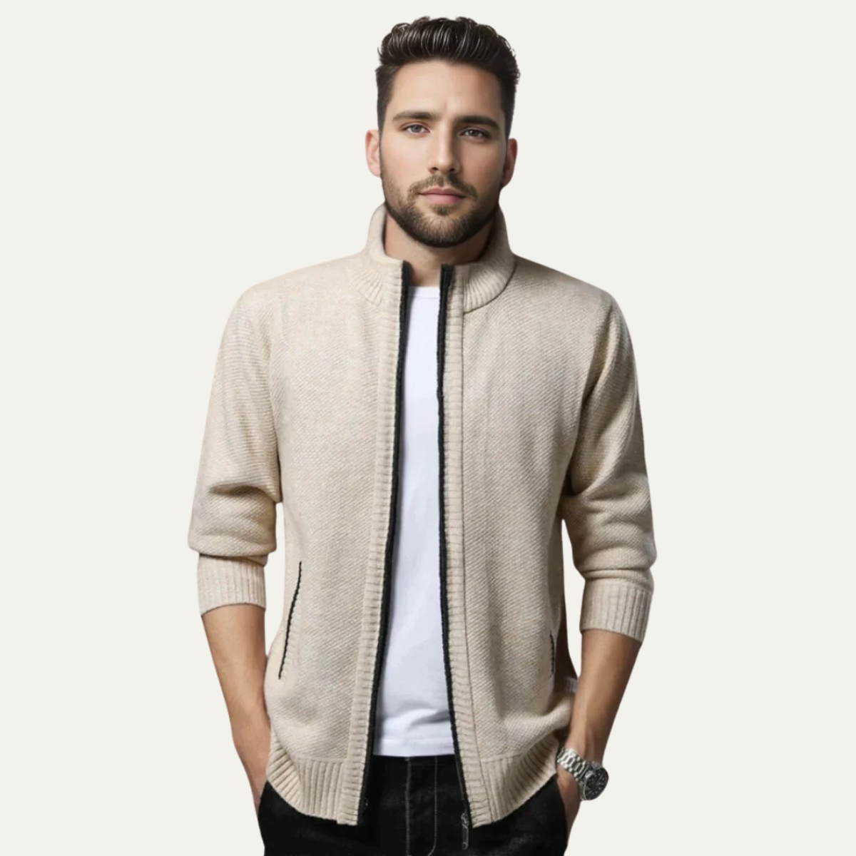 The Lyon Men's Stylish Wool Cardigan - Zip Up Knit Jacket