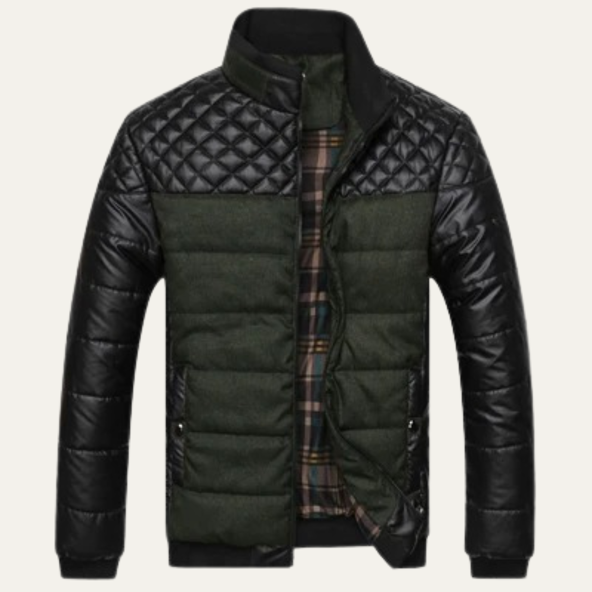 The Roma Men's Quilted Leather Padded Jacket with Stand Collar