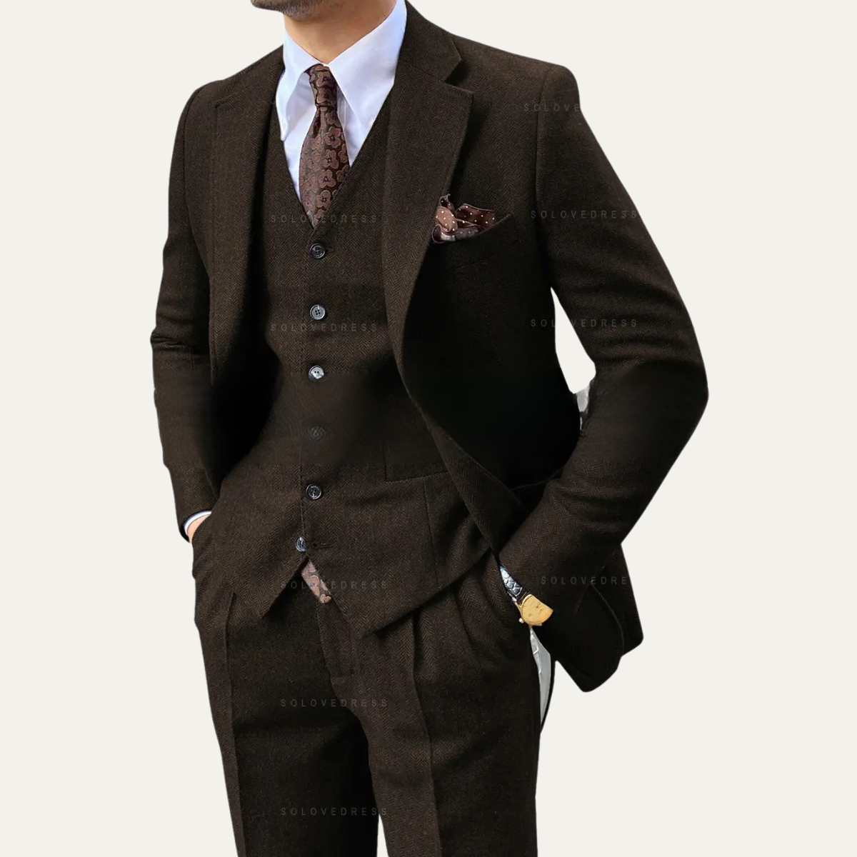 The Accademia Men’s Elegant 3 Piece Tweed Suit – Herringbone Slim Fit Blazer, Gilet & Trousers