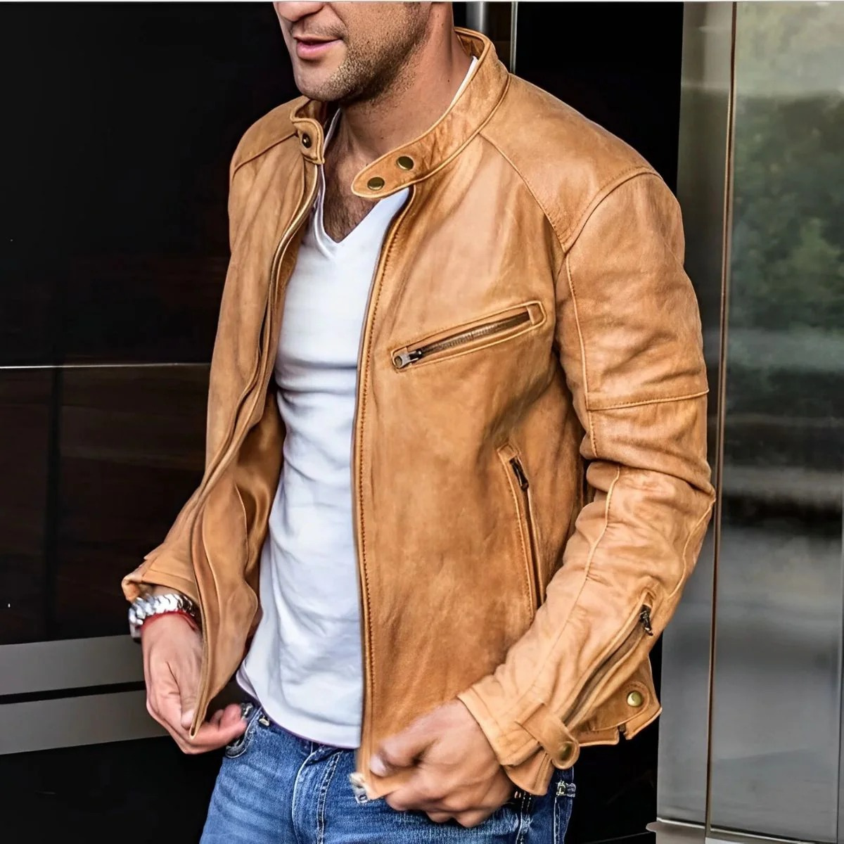 The Malmesbury Men's Classic Leather Biker Jacket