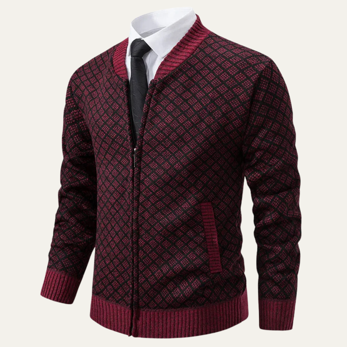 The Bibbona Men’s Knitted Diamond Pattern Zip Up Cardigan