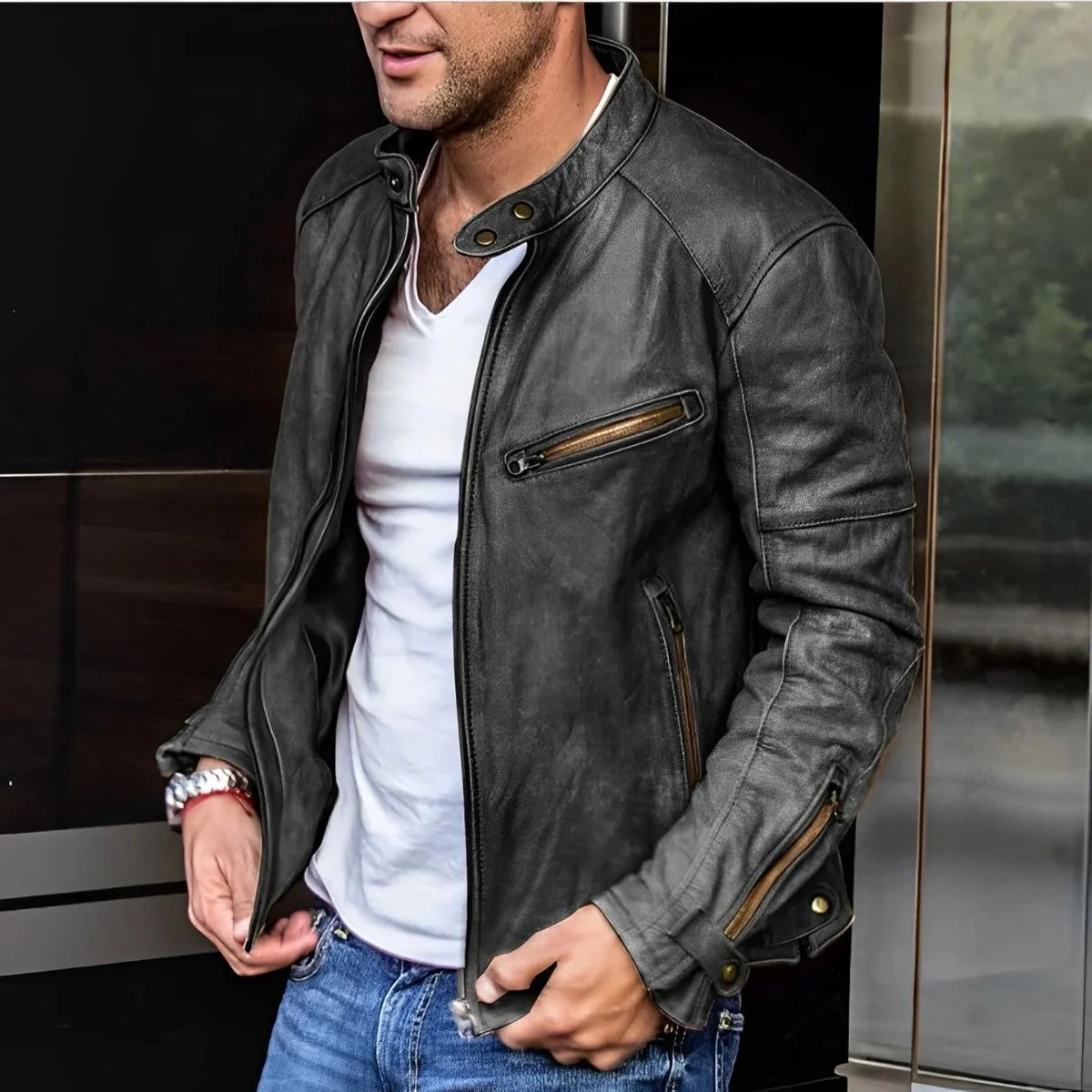 The Malmesbury Men's Classic Leather Biker Jacket