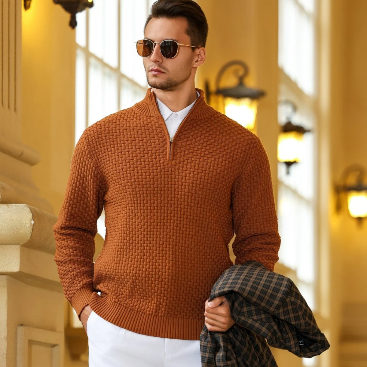 The Camogli Men’s Casual Half Zip Textured Knit Jumper