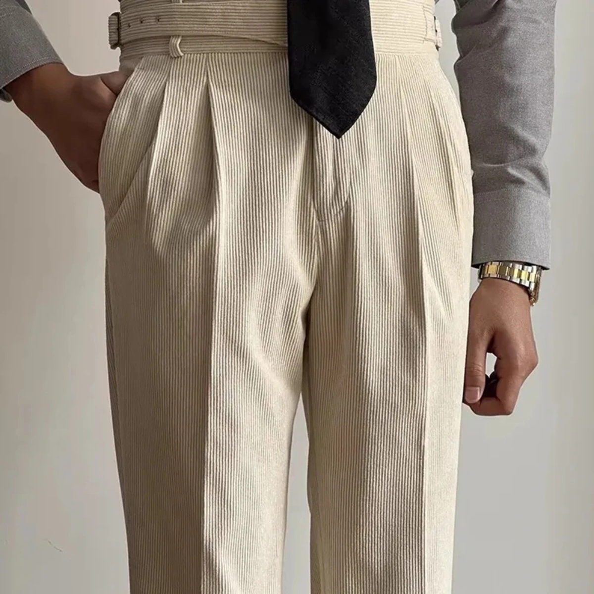 The Grosseto Men's Corduroy High Waist Adjustable Buckle Trousers