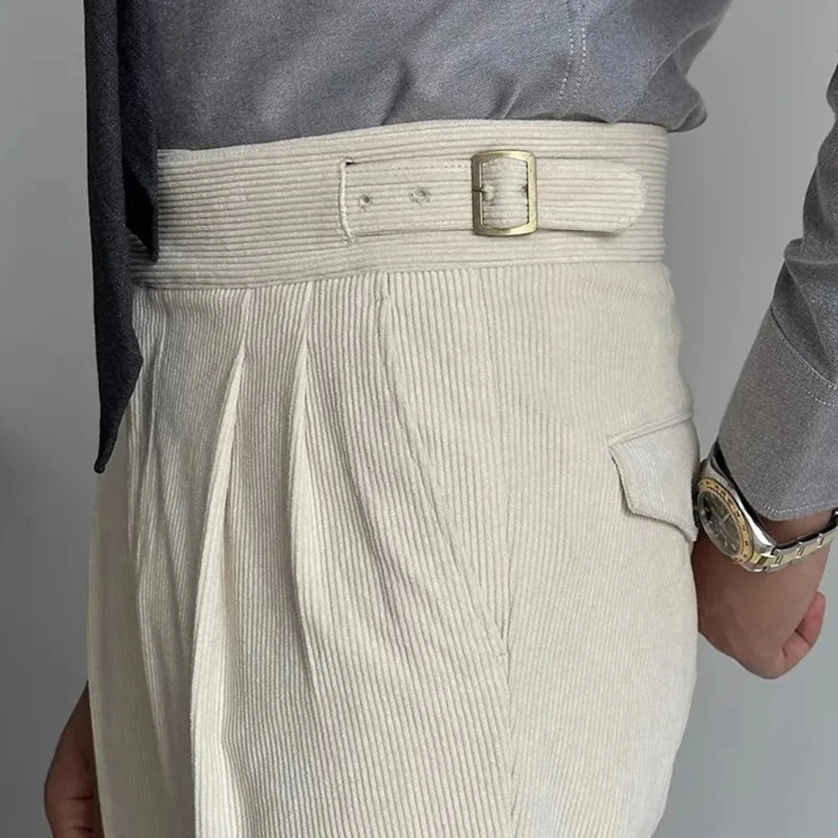 The Grosseto Men's Corduroy High Waist Adjustable Buckle Trousers