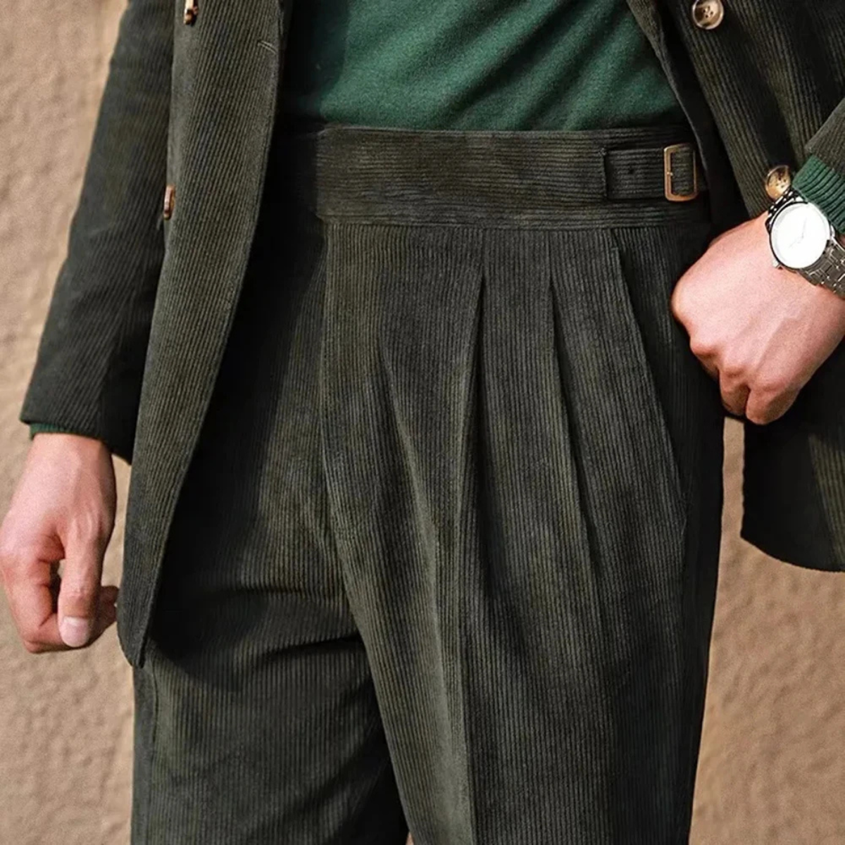 The Grosseto Men's Corduroy High Waist Adjustable Buckle Trousers