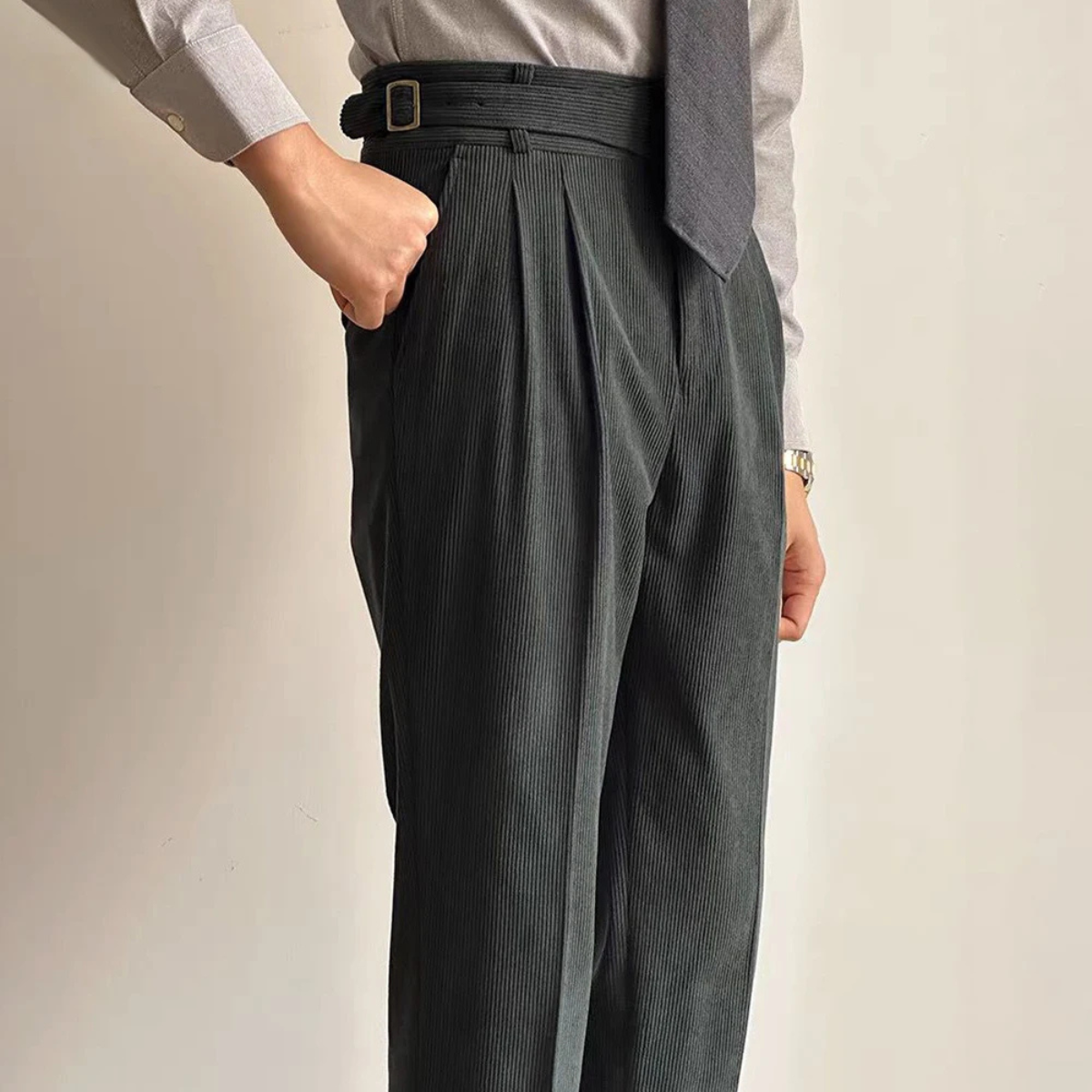 The Grosseto Men's Corduroy High Waist Adjustable Buckle Trousers