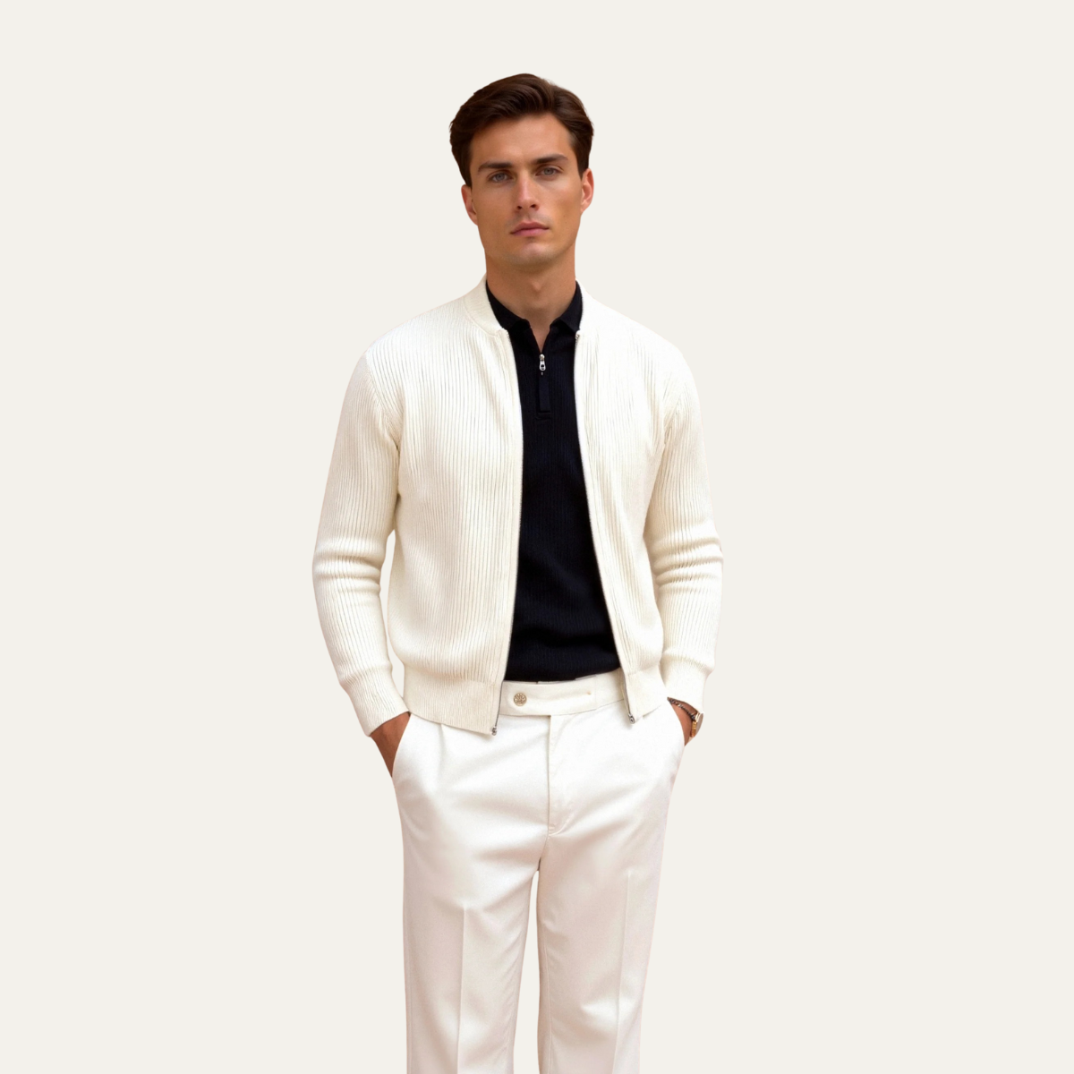 The Maidstone Men’s Beige Zip Up Knitted Lightweight Cardigan