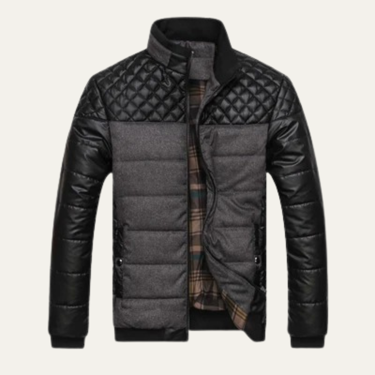 The Roma Men's Quilted Leather Padded Jacket with Stand Collar