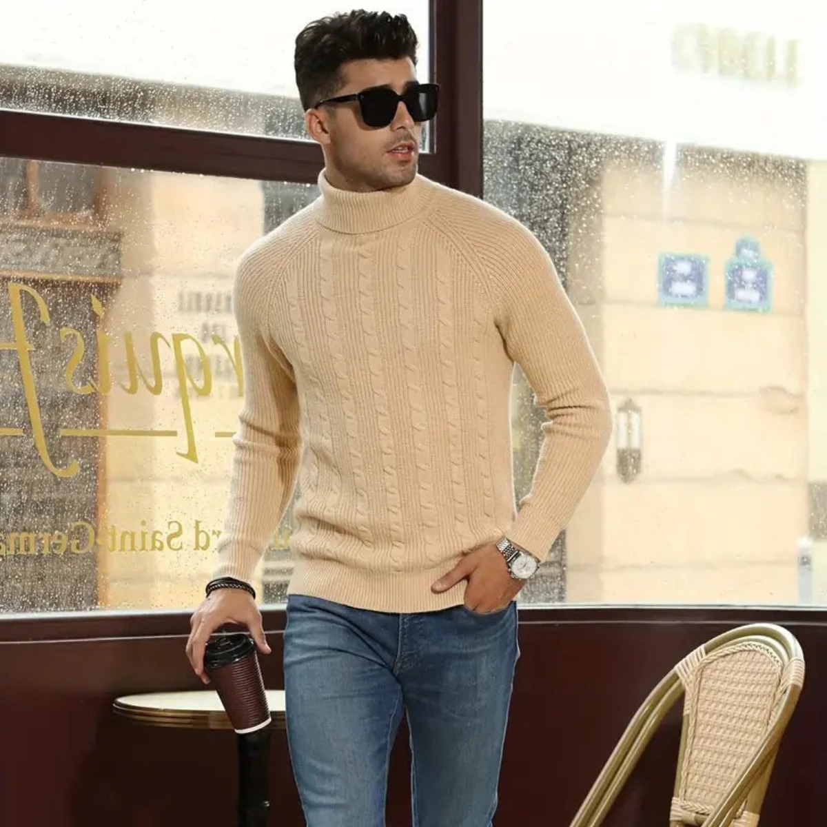 The Richemont Men’s Classic Old Money Cable Knit Turtleneck Jumper - Beige