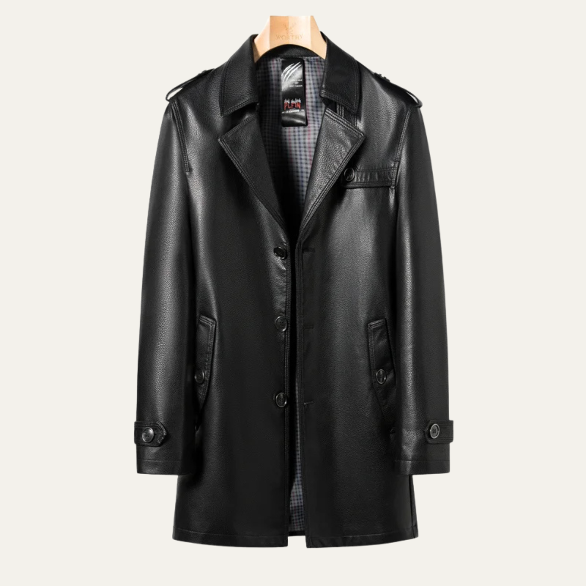 The Baveno Men's Black Smart Business Leather Trench Coat