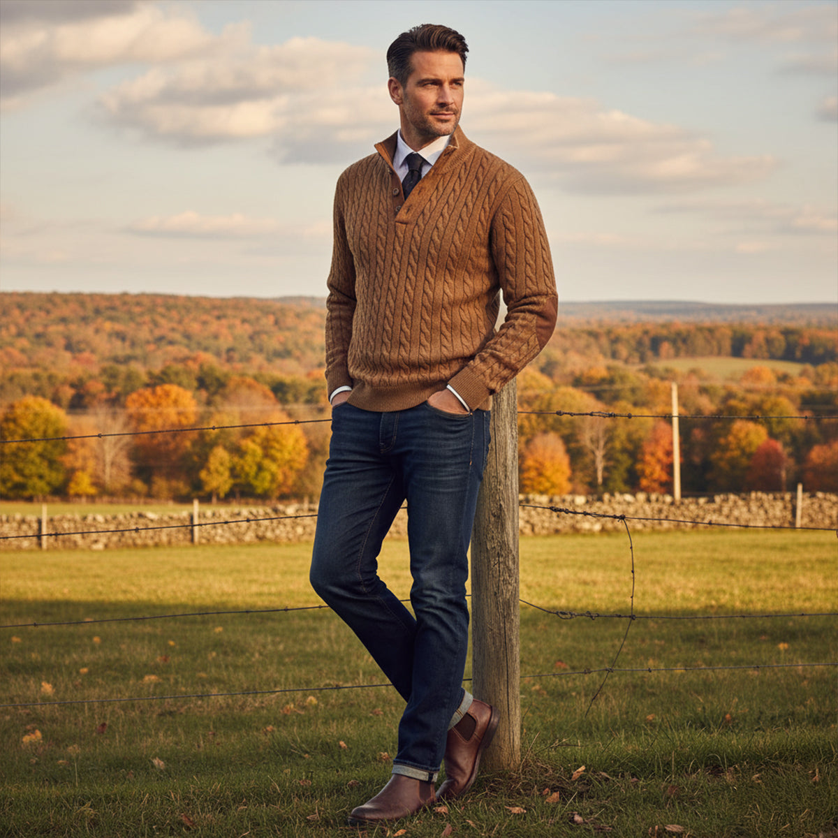The Stamford Men's Cable Knit Collar Stand Jumper