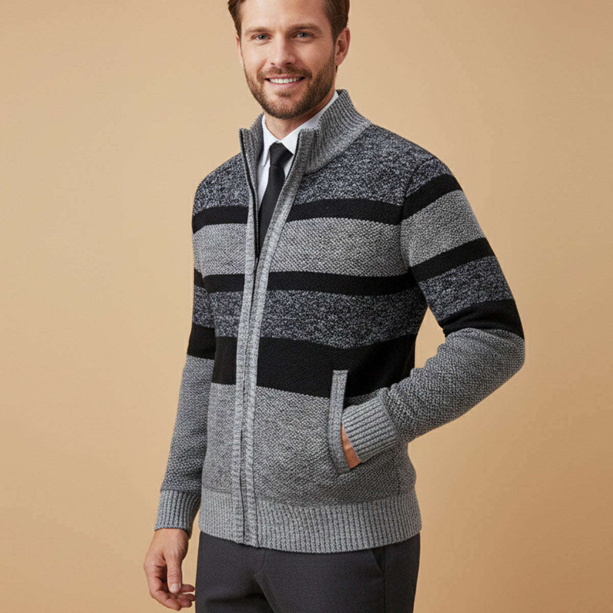 The Viareggio Men’s Knit Warm Striped Zip Cardigan