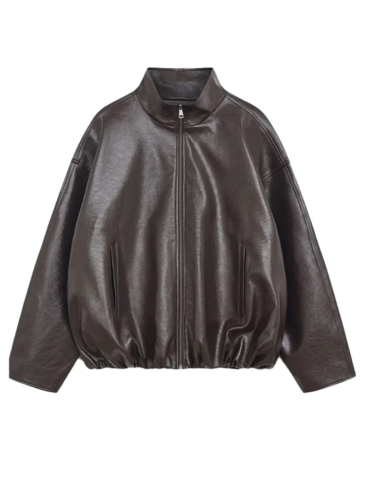 Elegant Leather Jacket – Zip Up High Neck Bomber Style