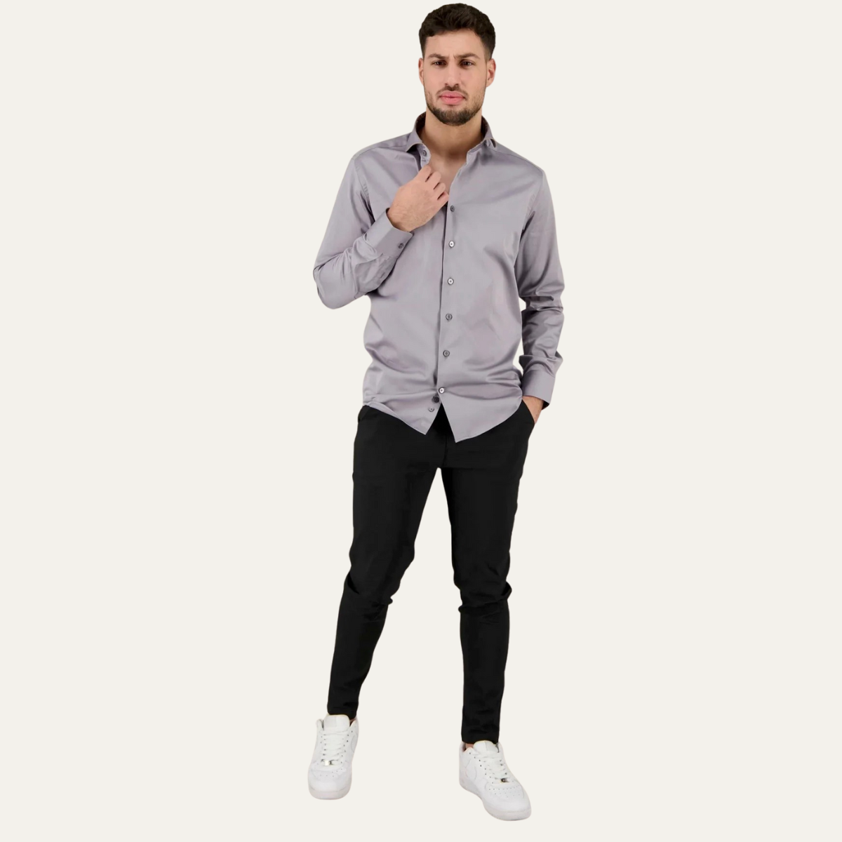 The Mayfair Men’s Tailored Cotton Satin Long Sleeve Dress Shirt - Grey