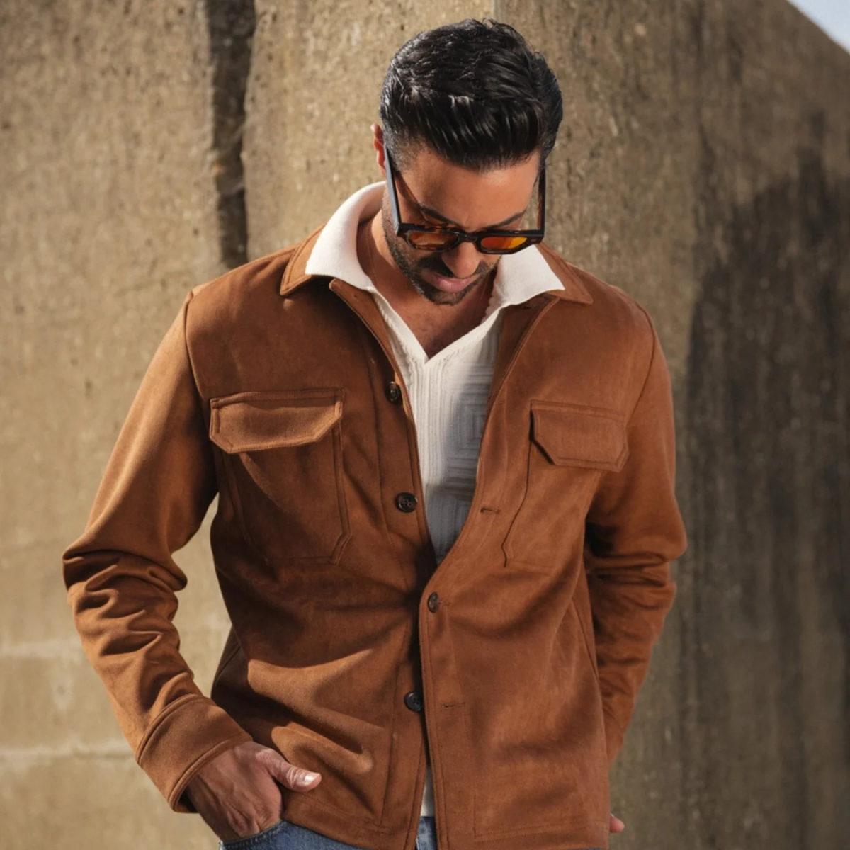 The Hyatt Men's Camel Suede Overshirt - Slim Fit Luxury Jacket with Pockets