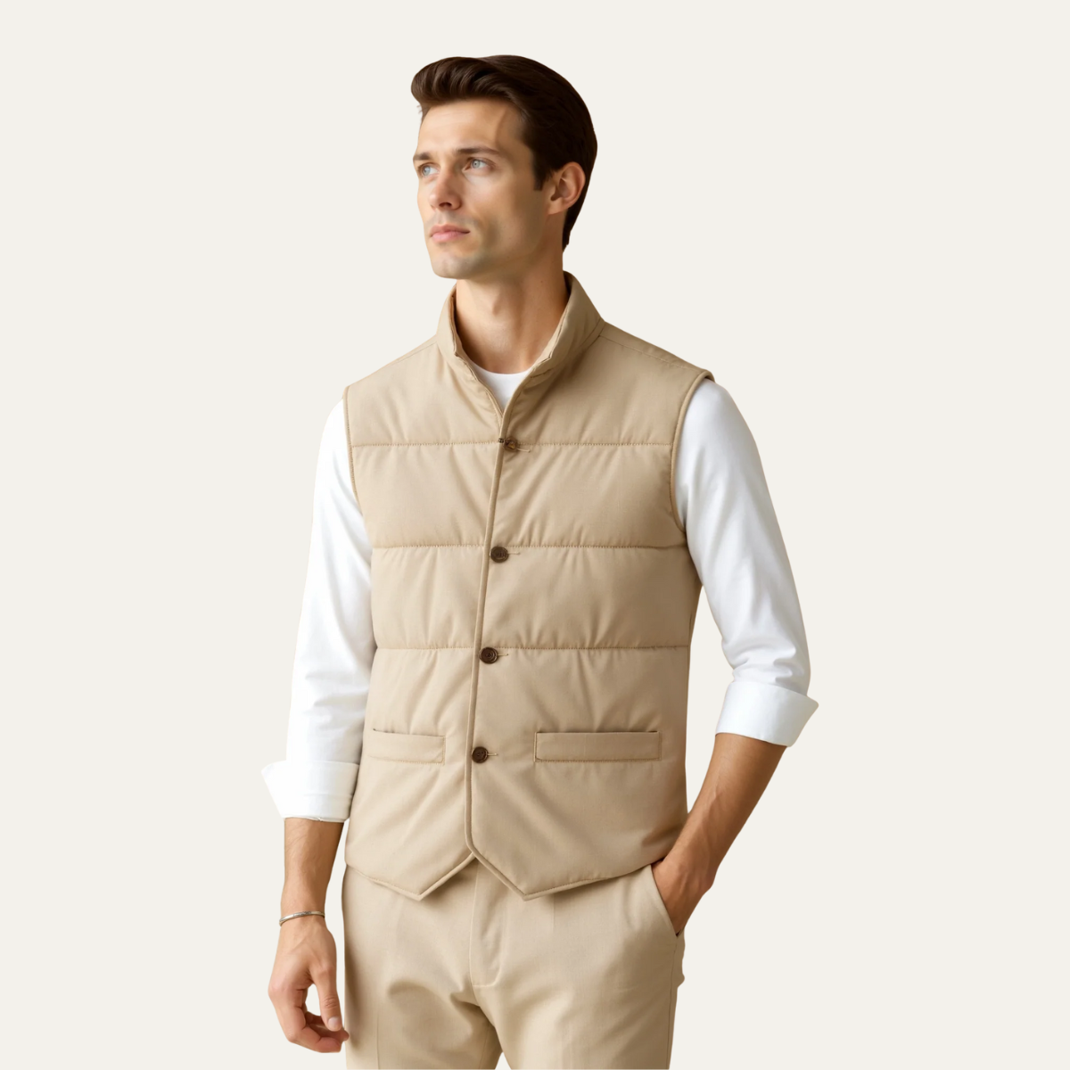 The Beaumont Men’s Beige Quilted Gilet – Slim Fit Padded Luxury Vest