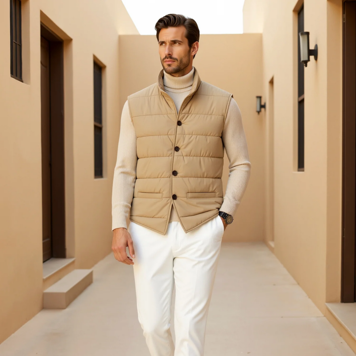 The Beaumont Men’s Beige Quilted Gilet – Slim Fit Padded Luxury Vest