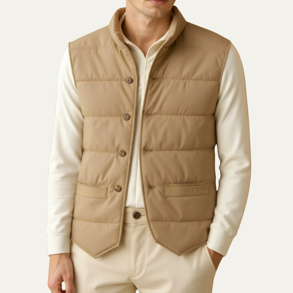 The Beaumont Men’s Beige Quilted Gilet – Slim Fit Padded Luxury Vest