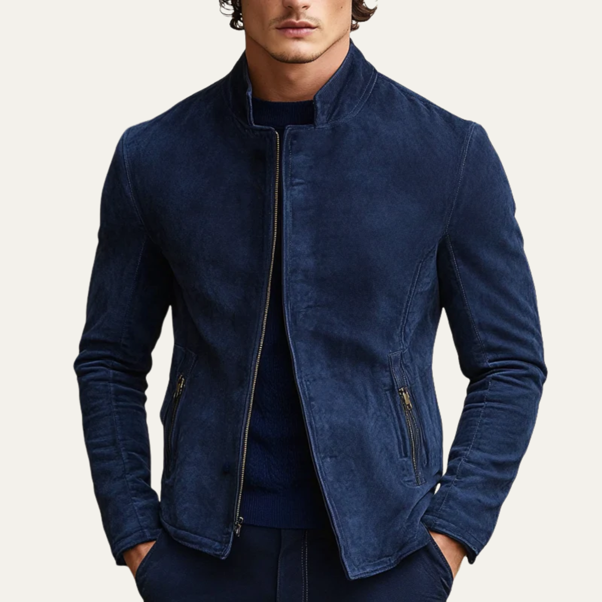 The Ritz Men’s Navy Suede Jacket – Luxury Slim Fit Bomber with Stand Collar