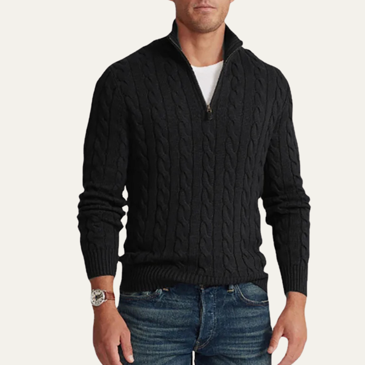 The Genova Men’s Cable Knit Half Zip Mock Neck Sweater
