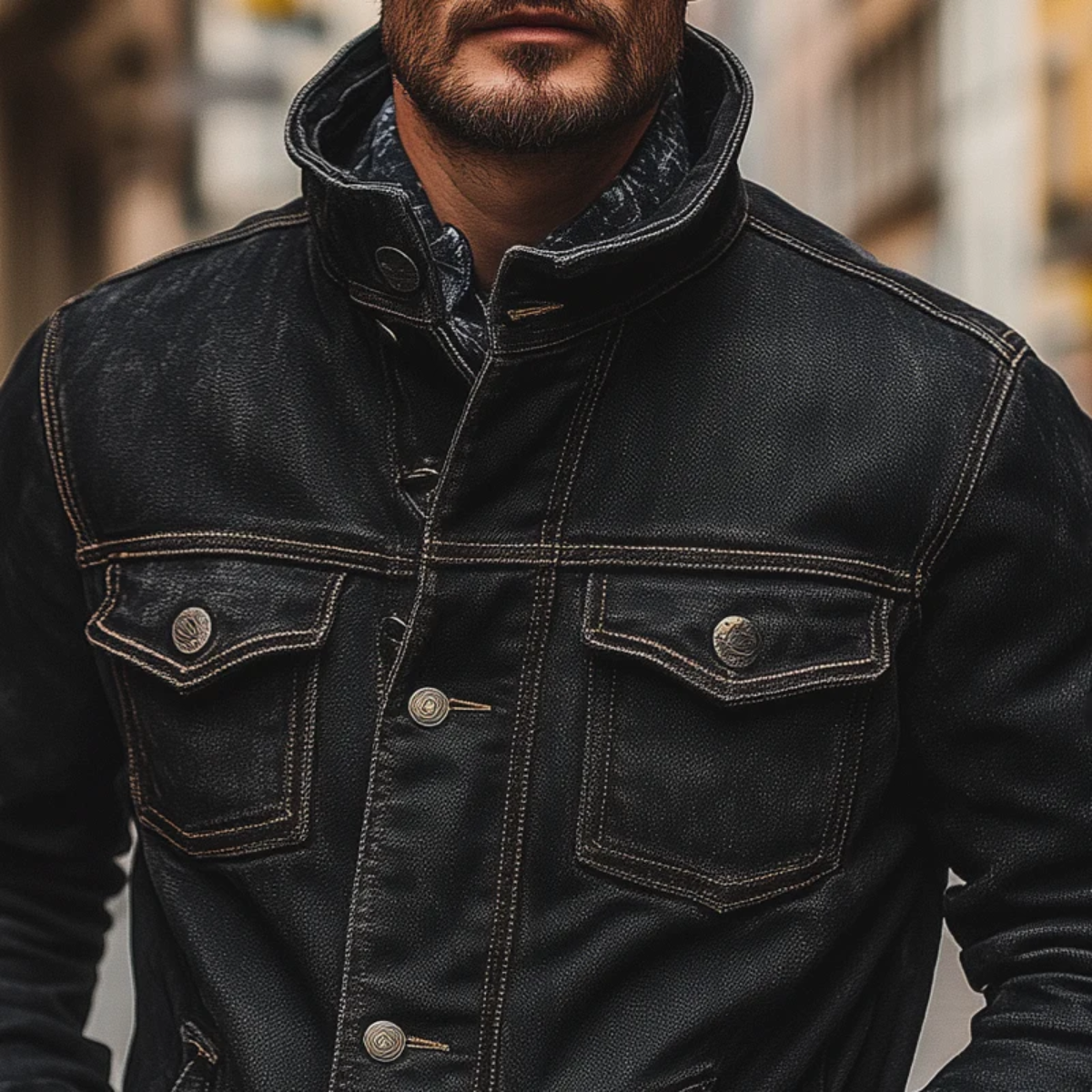 The Savoy Men’s Black Denim Jacket – Vintage Washed Multi Pocket Trucker