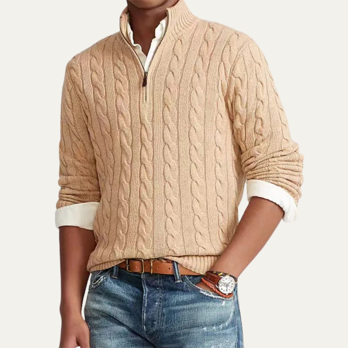 The Genova Men’s Cable Knit Half Zip Mock Neck Sweater