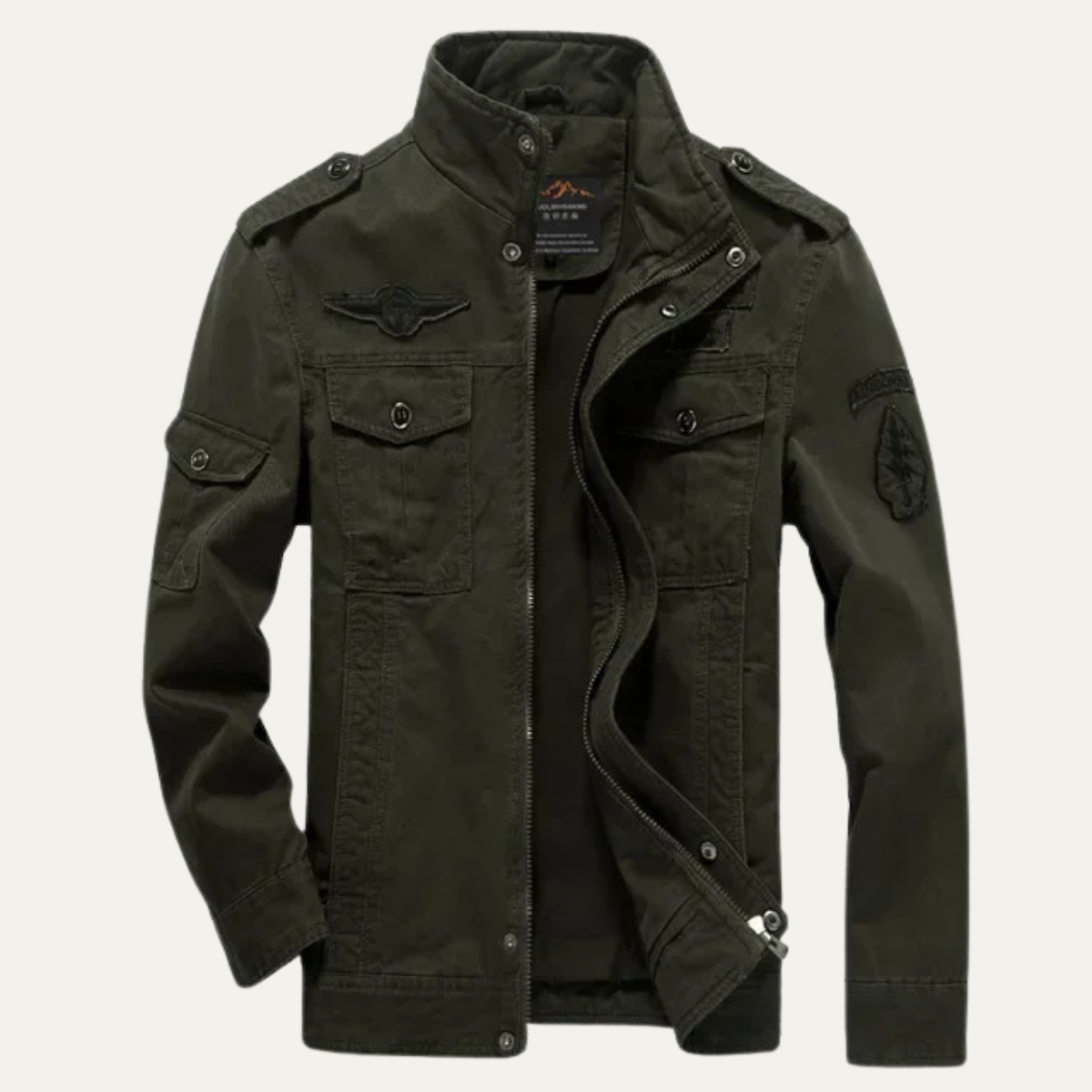 The Levanzo Men&#39;s Khaki Military Jacket with Stand Collar &amp; Pockets