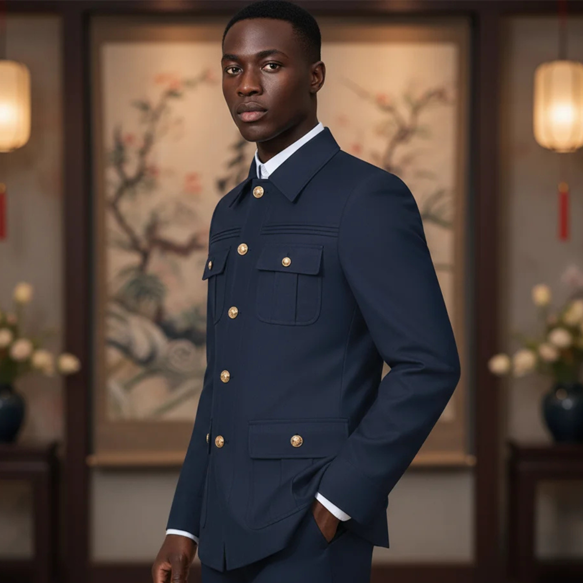 The San Vincenzo Men’s Military Style Suit Set – Slim Fit Blazer & Trousers with Gold Buttons