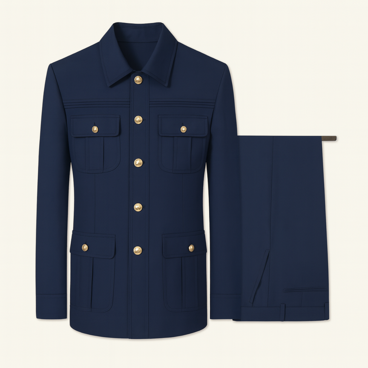 The San Vincenzo Men’s Military Style Suit Set – Slim Fit Blazer & Trousers with Gold Buttons