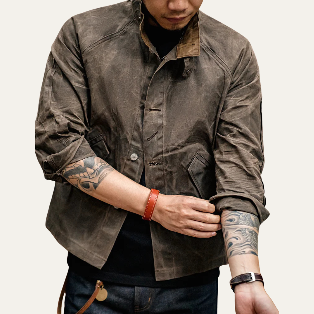 The Brescia Men’s Waterproof  Vintage Waxed Canvas Jacket with Stand Collar