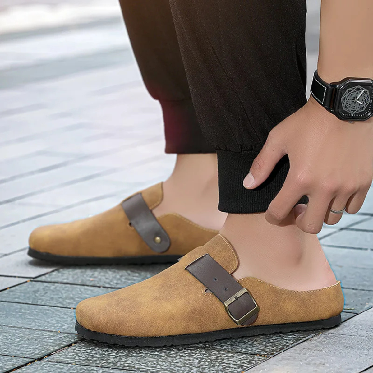 The Leicester Men's Suede Slip On Buckle Moccasin Slipper