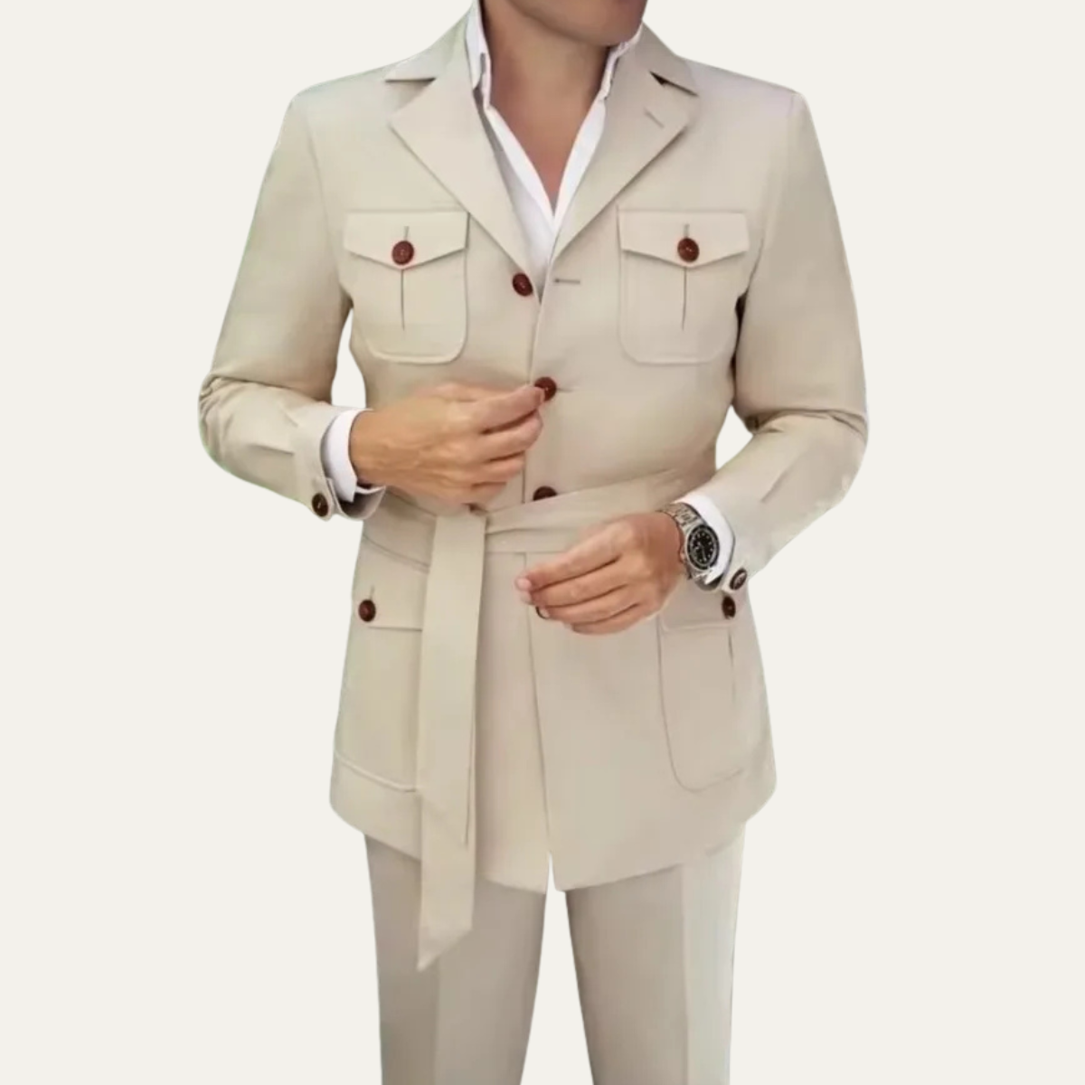 The Asiago Men’s Classic Safari Suit – 2 Piece Belted Blazer & Trousers Set