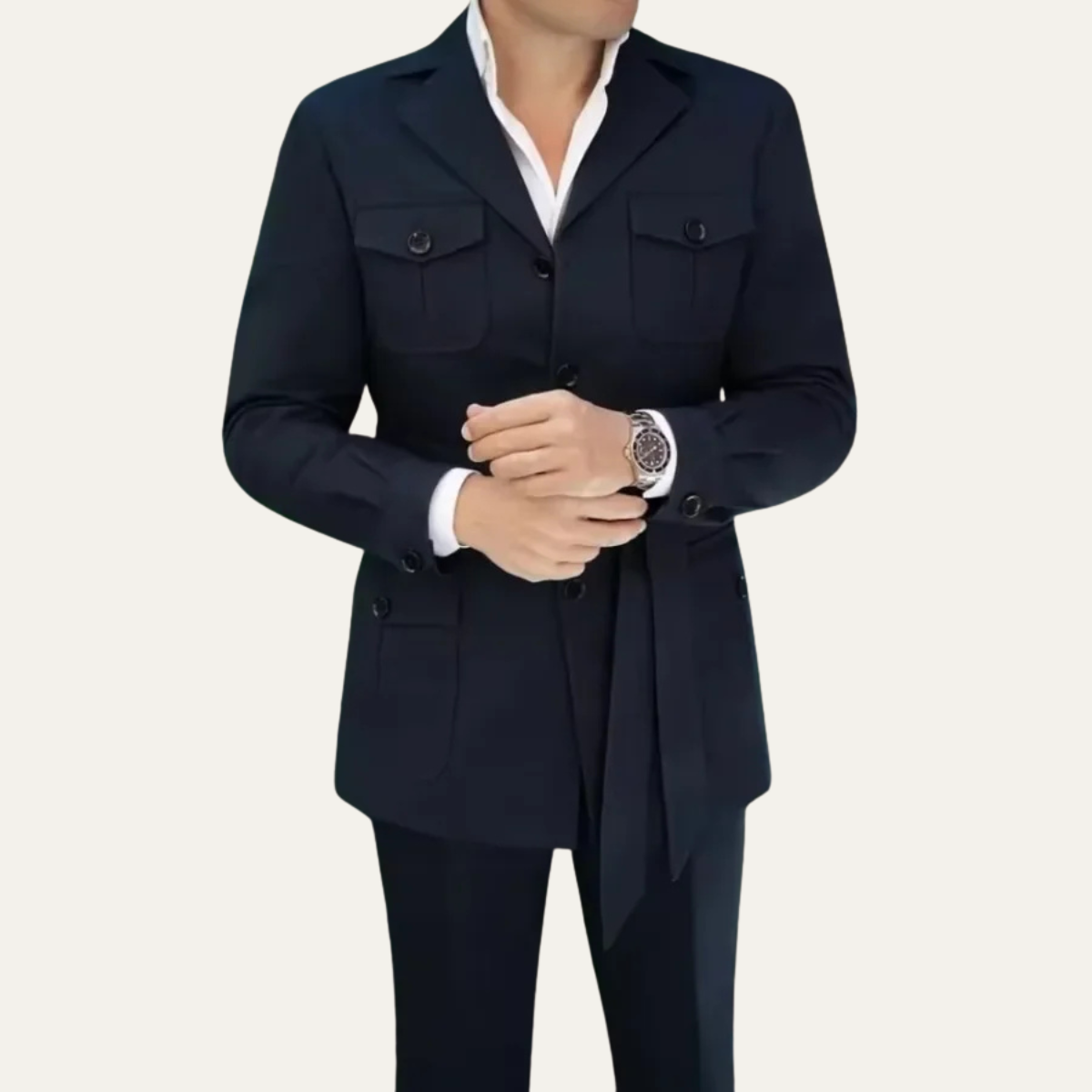 The Asiago Men’s Classic Safari Suit – 2 Piece Belted Blazer & Trousers Set