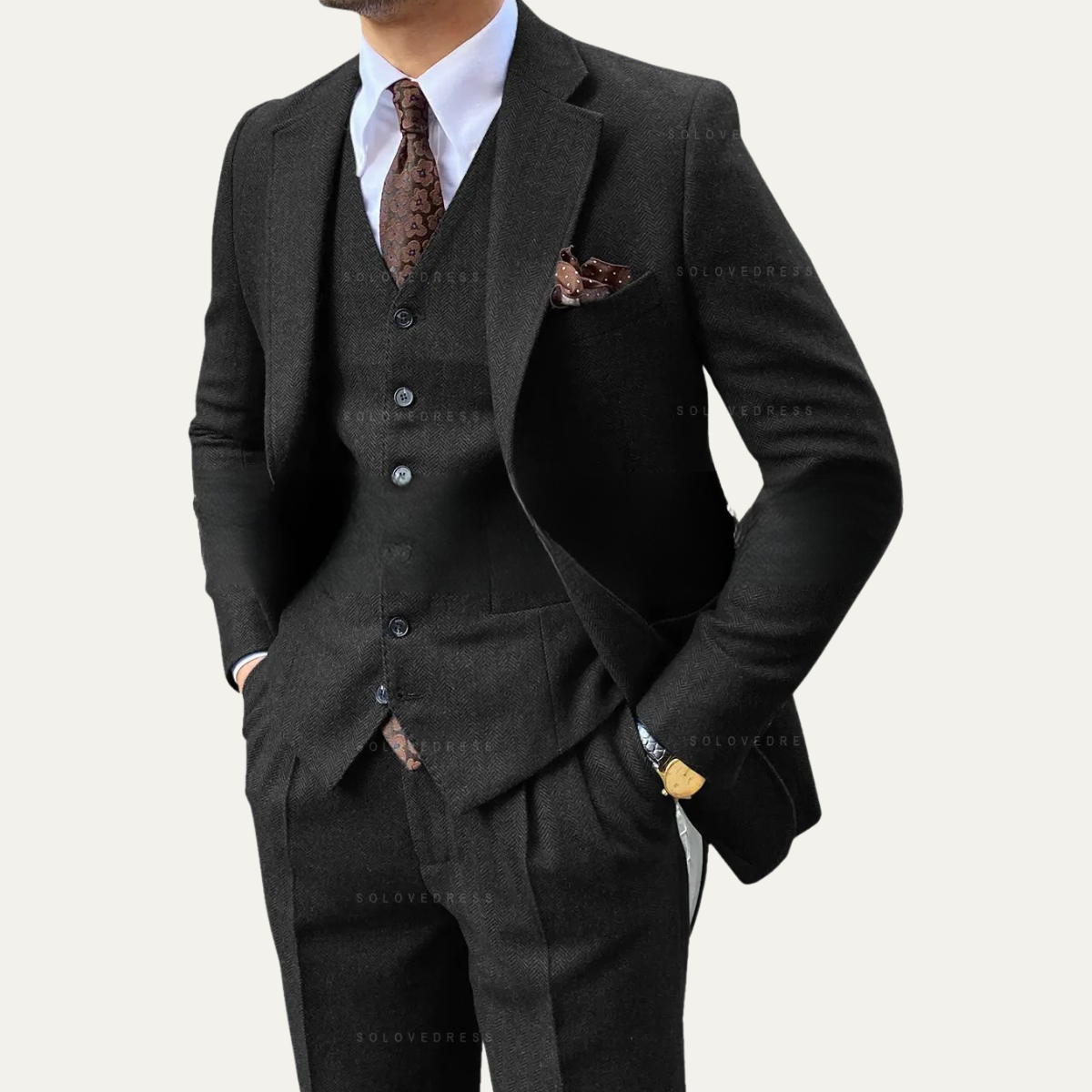 The Accademia Men’s Elegant 3 Piece Tweed Suit – Herringbone Slim Fit Blazer, Gilet & Trousers