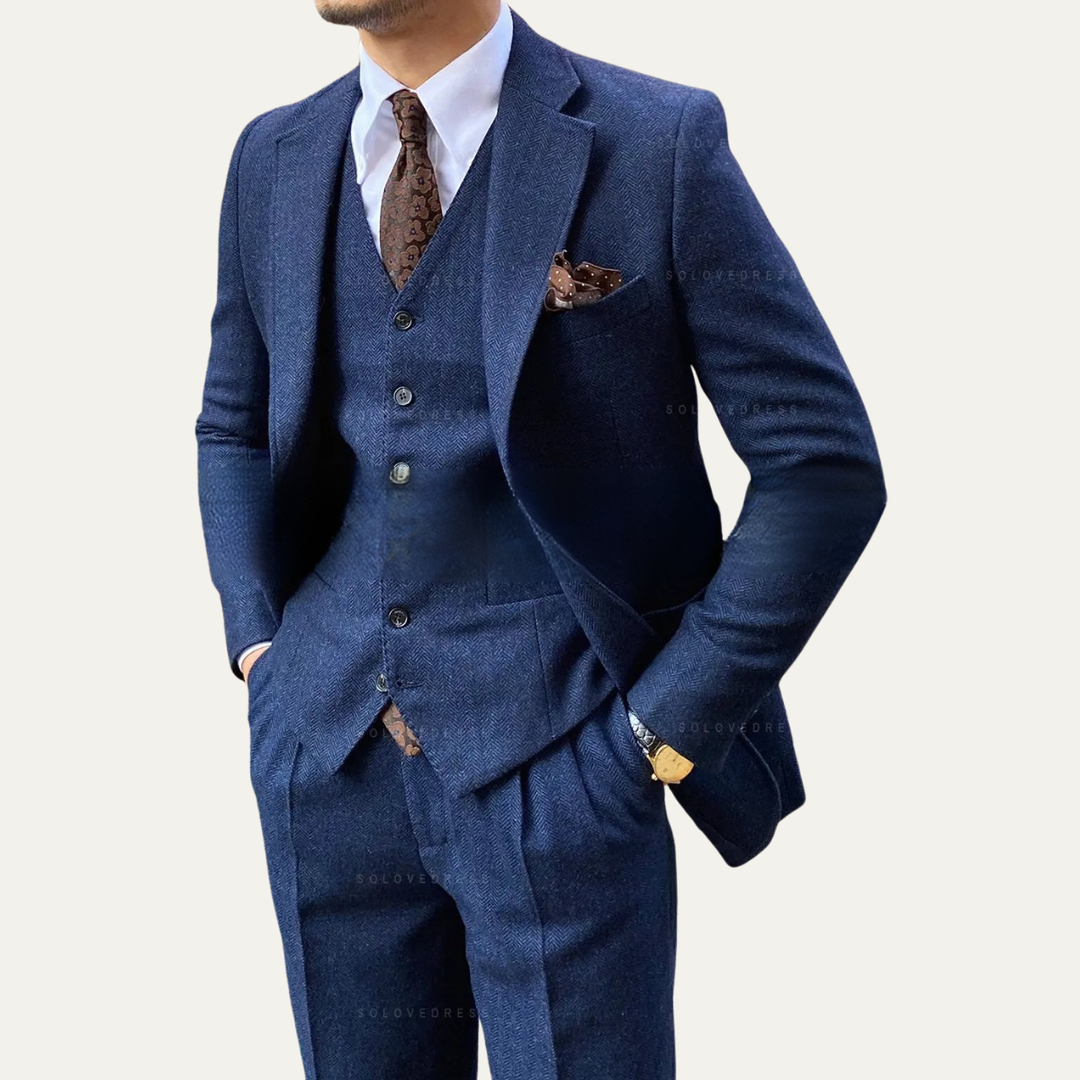 The Accademia Men’s Elegant 3 Piece Tweed Suit – Herringbone Slim Fit Blazer, Gilet & Trousers