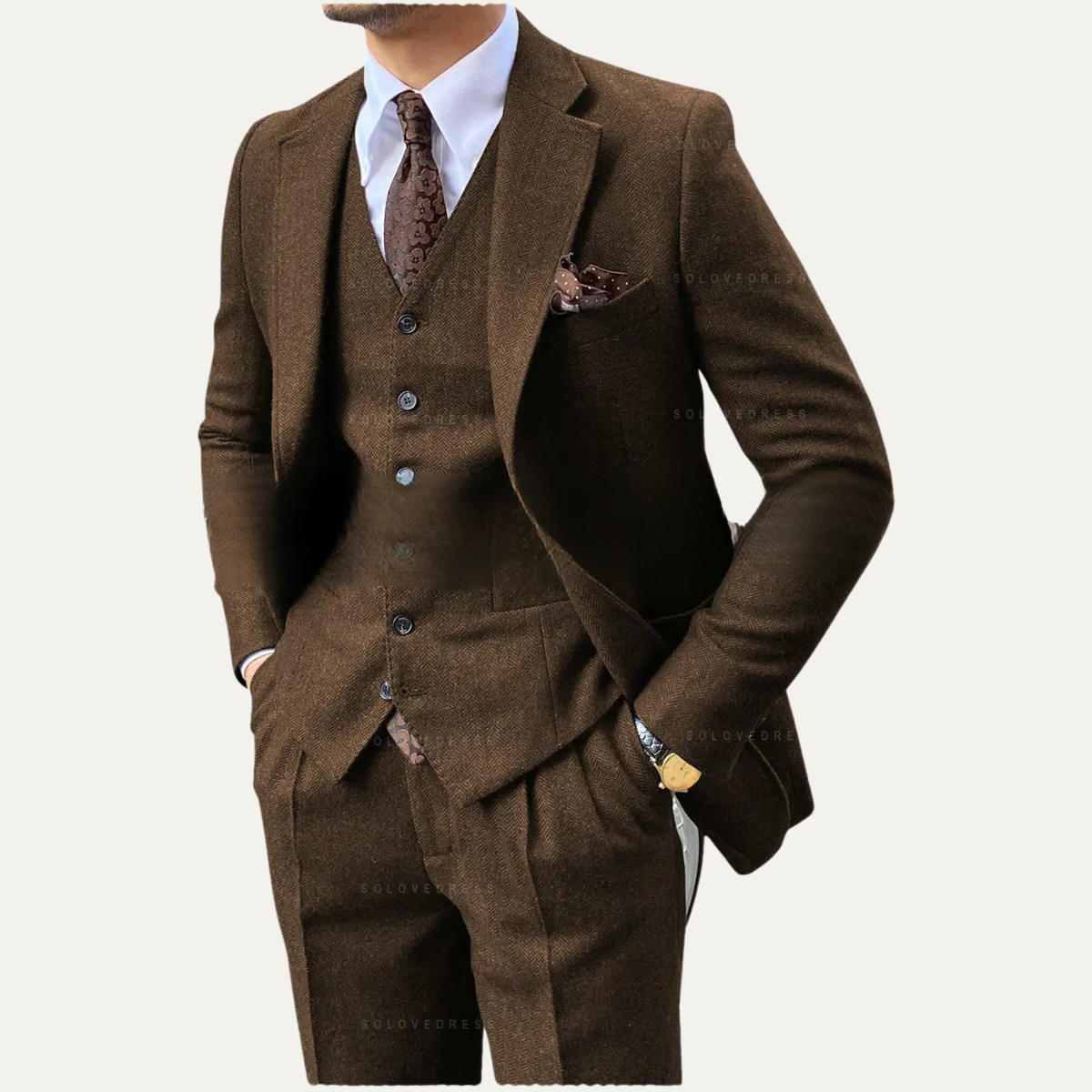 The Accademia Men’s Elegant 3 Piece Tweed Suit – Herringbone Slim Fit Blazer, Gilet & Trousers