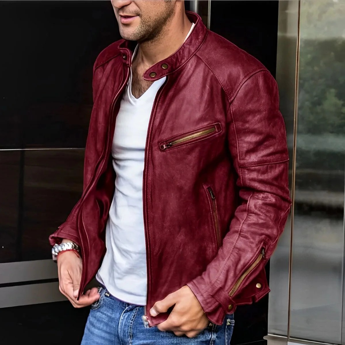 The Malmesbury Men's Classic Leather Biker Jacket