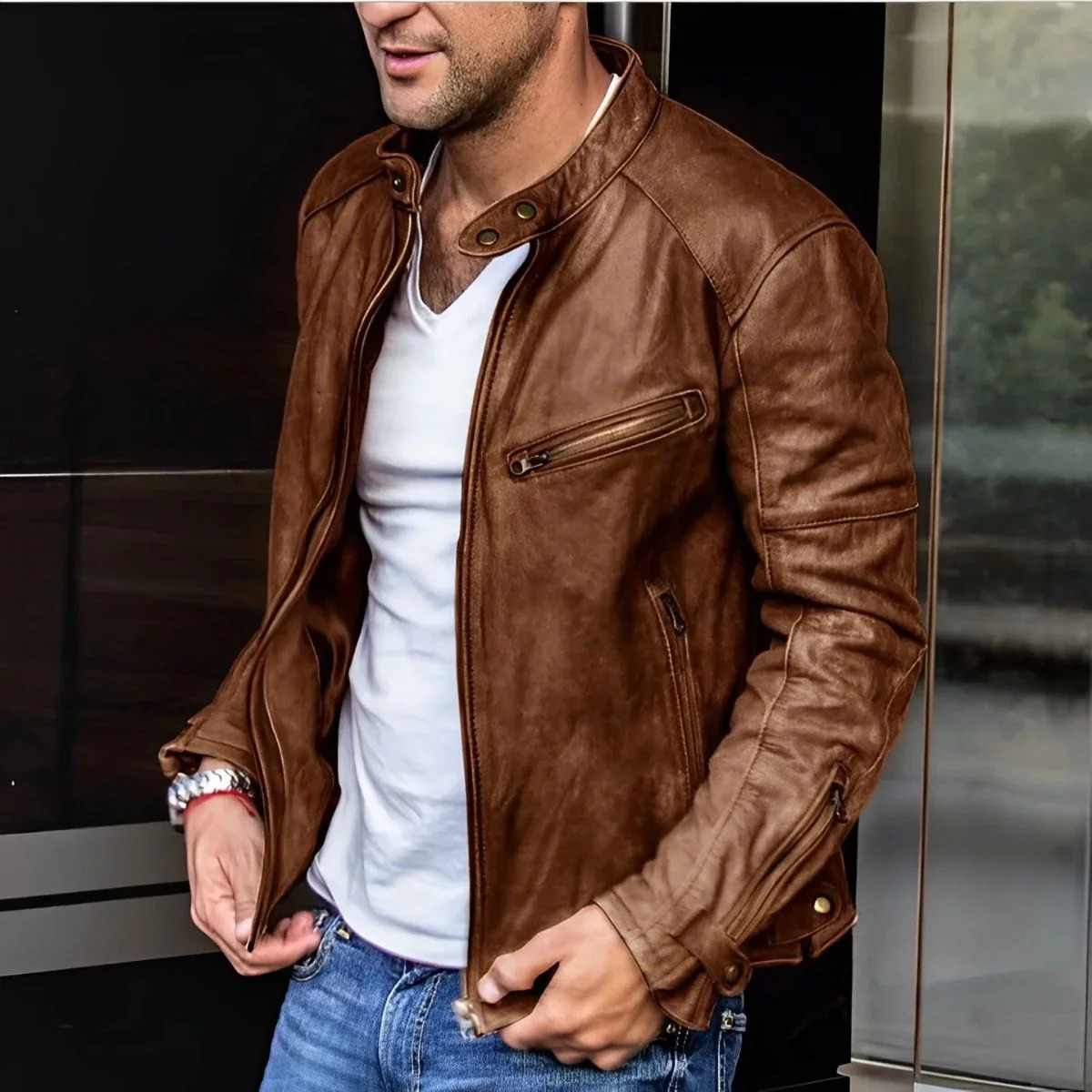 The Malmesbury Men's Classic Leather Biker Jacket