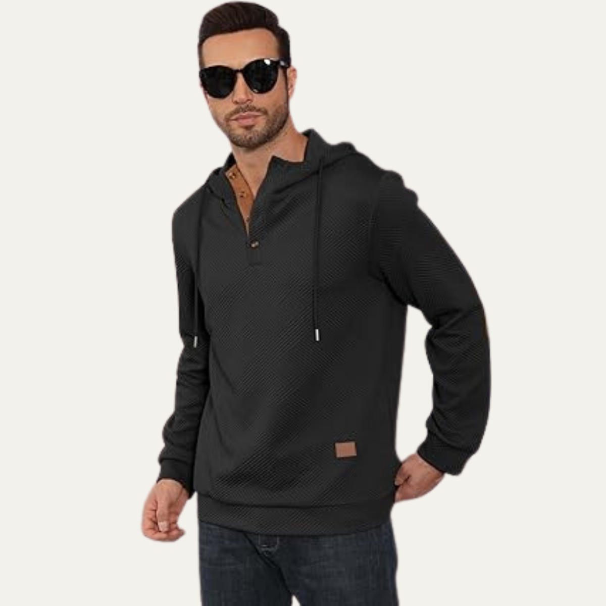 The Vernazza Men’s Button Collar Hoodie Jumper with Drawstring and Patch Detail
