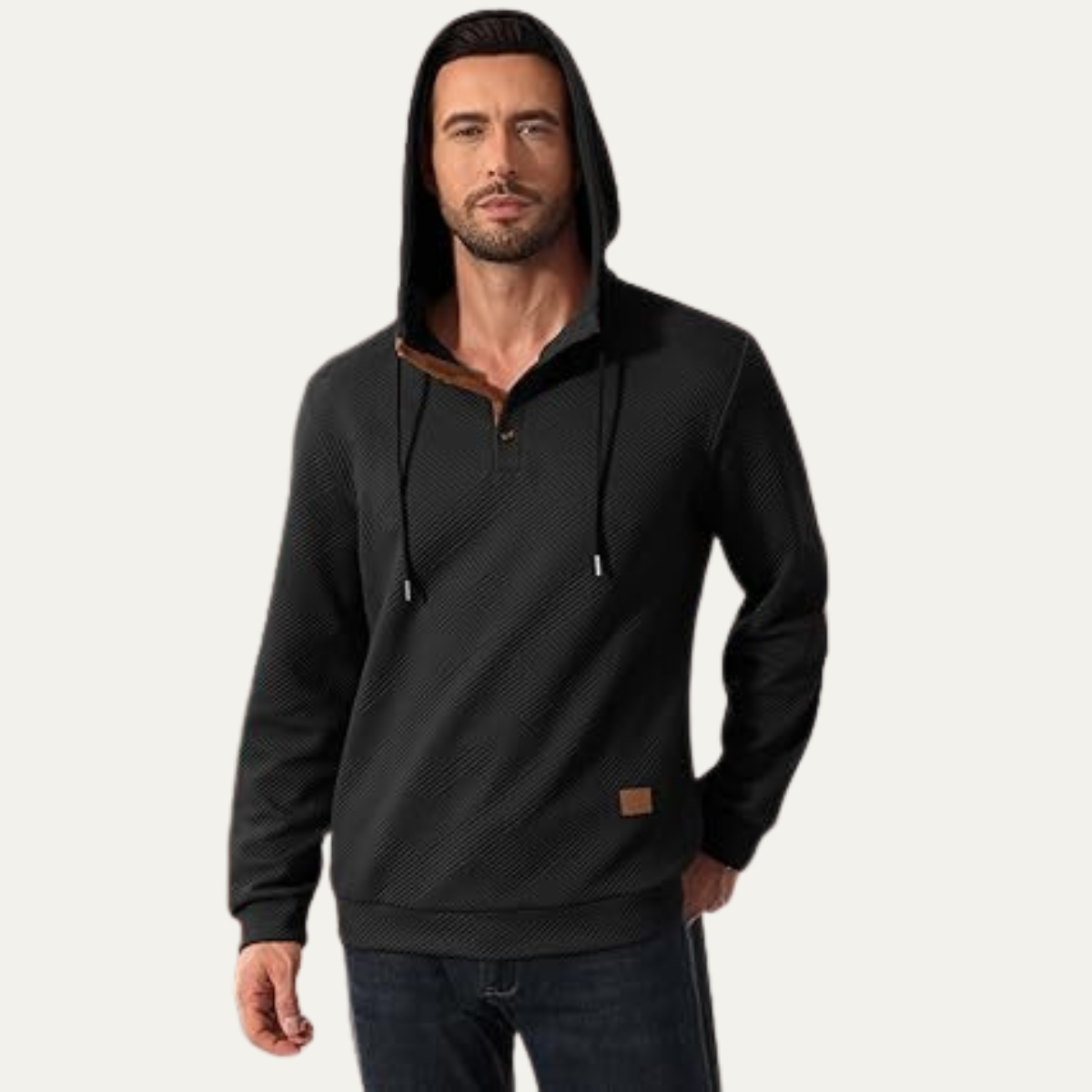 The Vernazza Men’s Button Collar Hoodie Jumper with Drawstring and Patch Detail