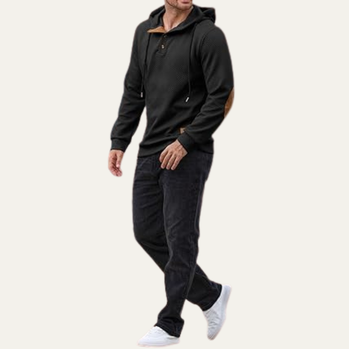 The Vernazza Men’s Button Collar Hoodie Jumper with Drawstring and Patch Detail