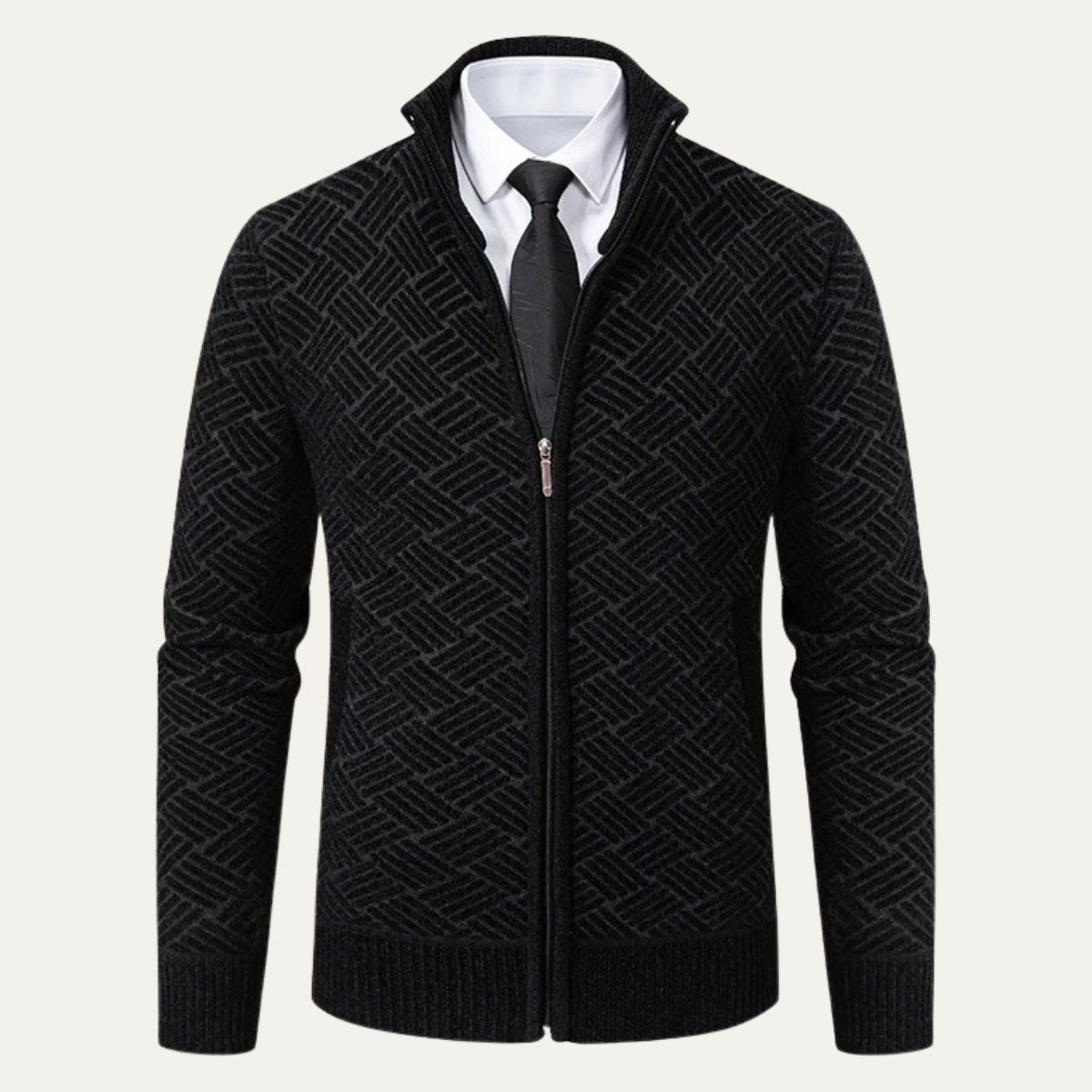 The Volterra Men’s Elegant Knit Diamond Pattern Jacket with Stand Collar