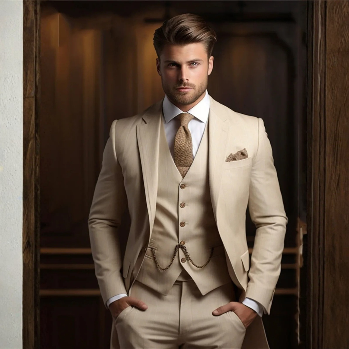 The Dover Men’s Elegant Beige 3 Piece Suit – Slim Fit Blazer, Waistcoat & Trousers