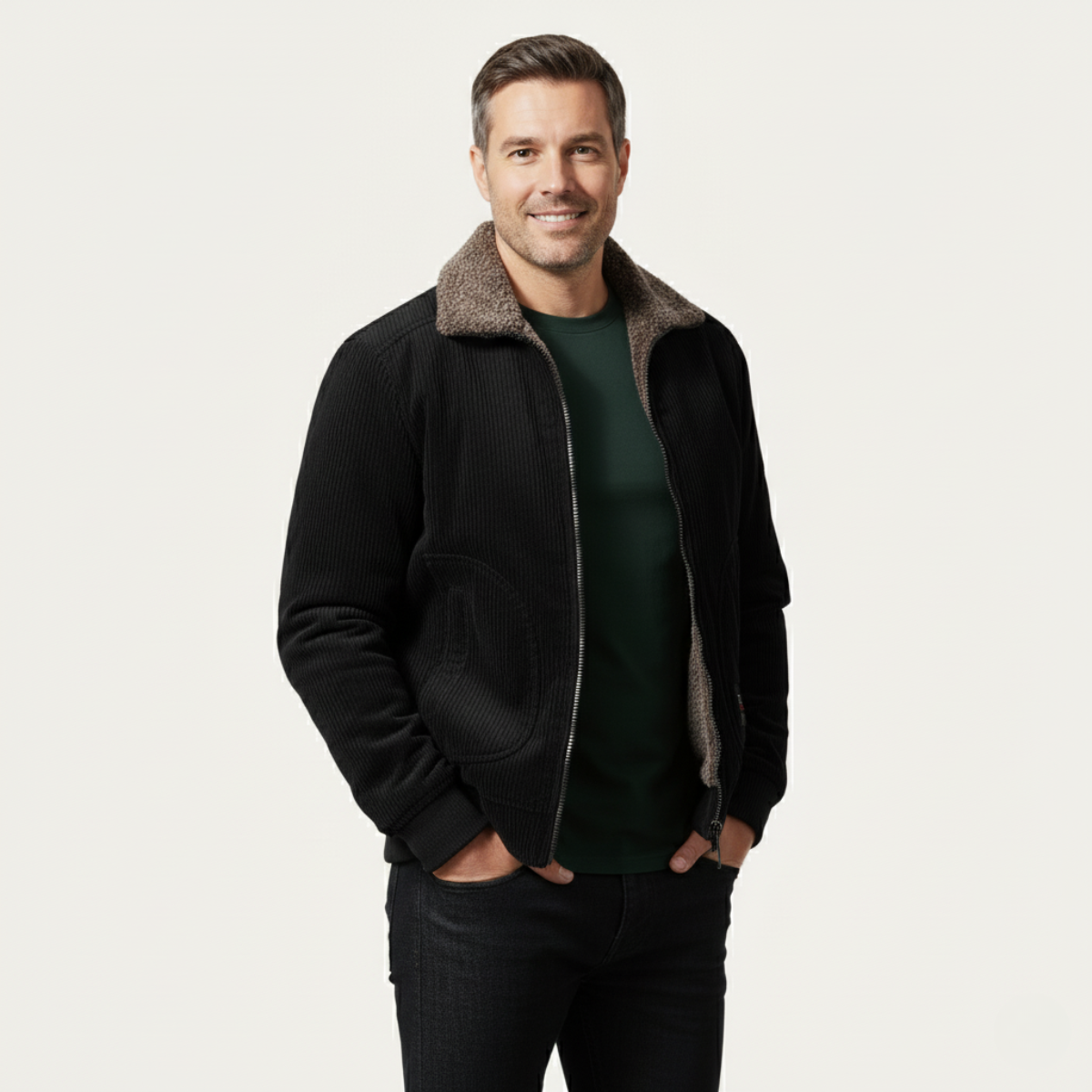 The Alassio Men’s Corduroy Jacket – Fleece Lined Winter Zip Up Coat with Fur Collar