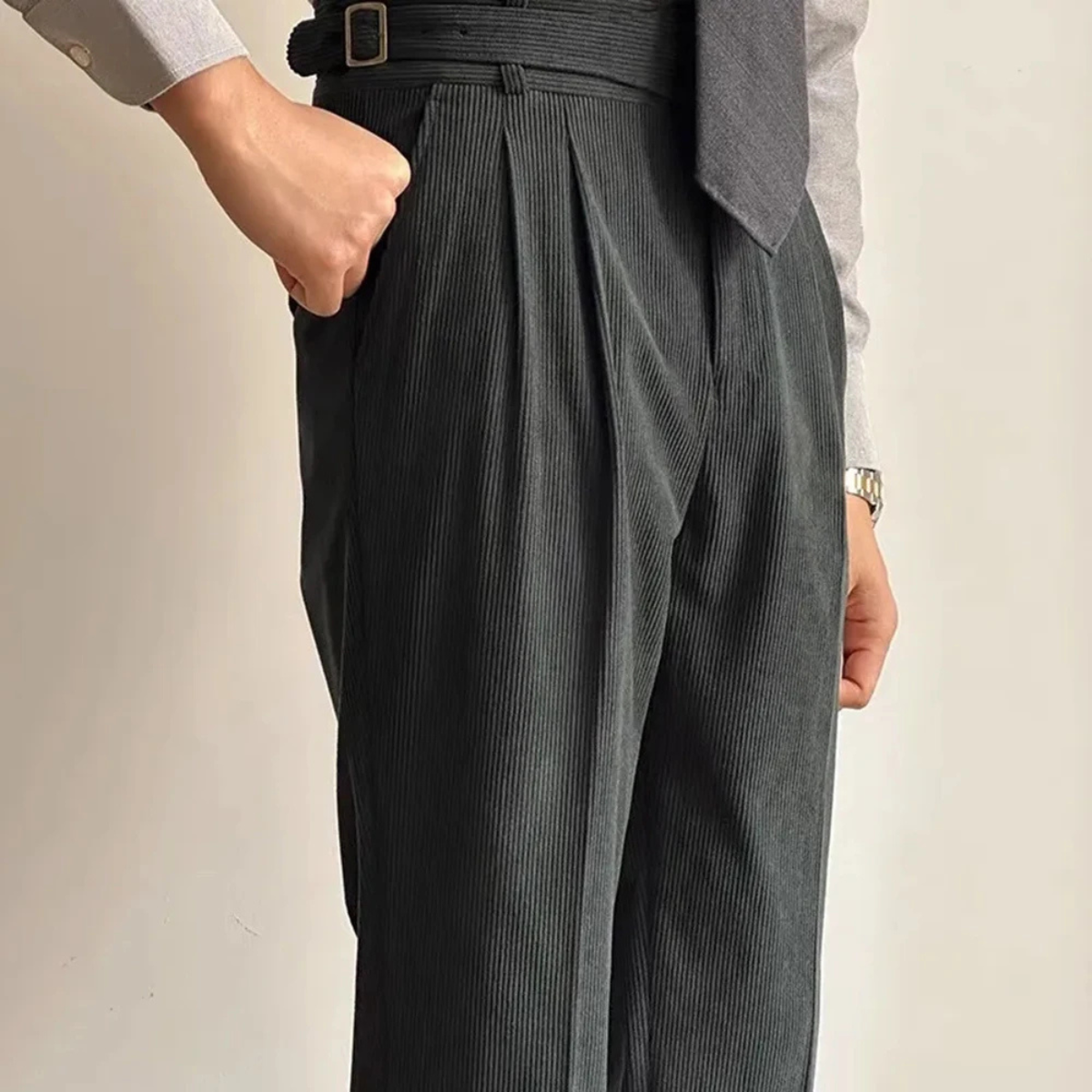 The Grosseto Men's Corduroy High Waist Adjustable Buckle Trousers